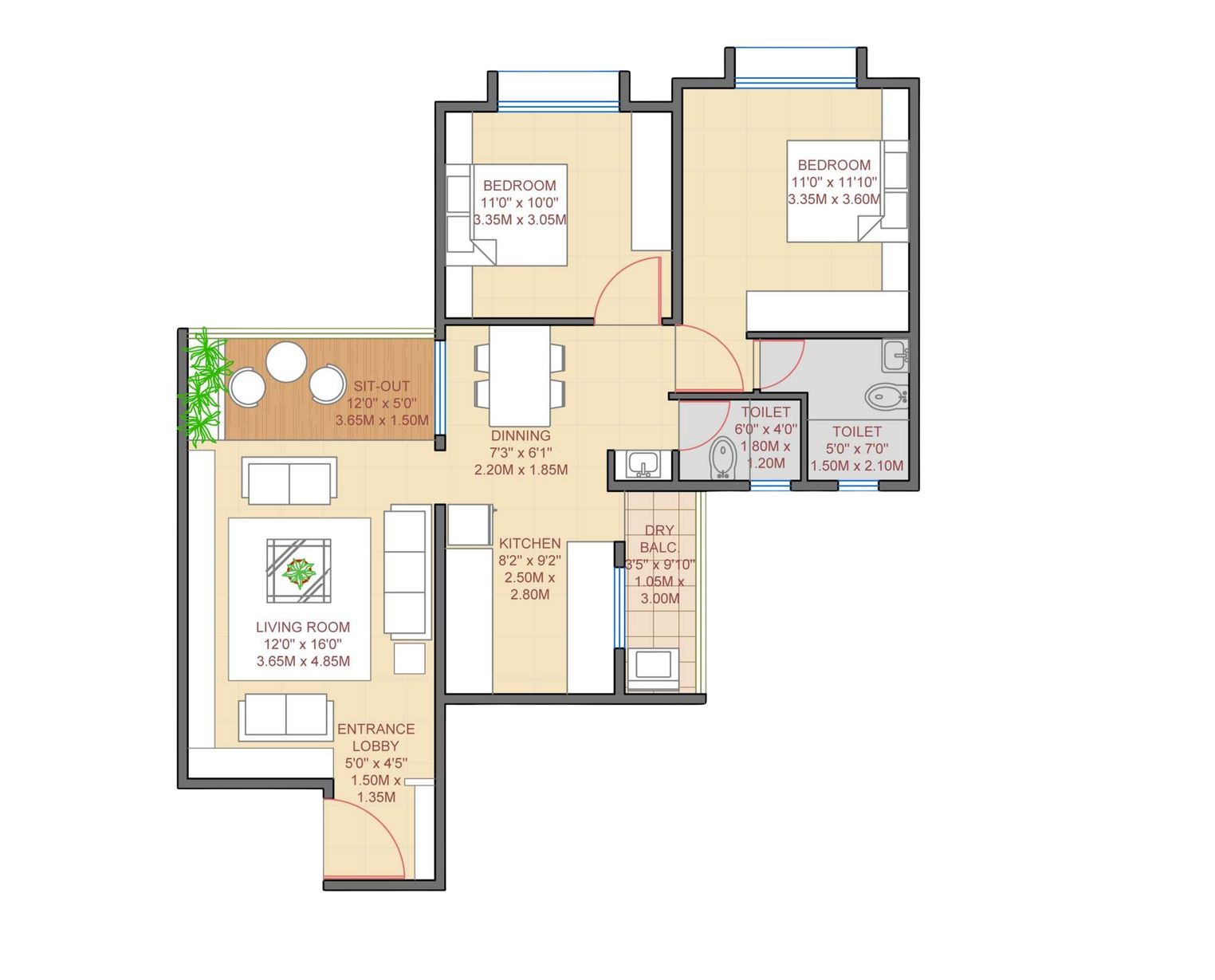 Cloud 51 2 BHK floor plan